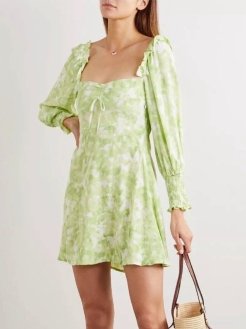 Faithfull The Brand Arianne Green Floral Print Smocked Ruffled Mini Dress size 2